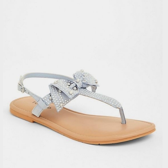 torrid Shoes - Torrid Blue Suede Studded Pearl Bow T Strap Thong Flat Sandals